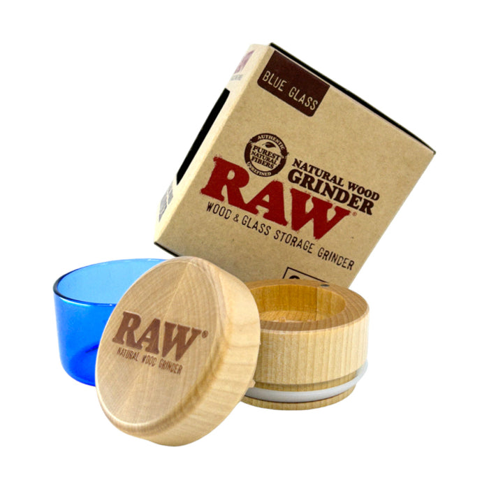 Raw 3 Part Grinder - Birch Wood Top and Blue Glass Bottom