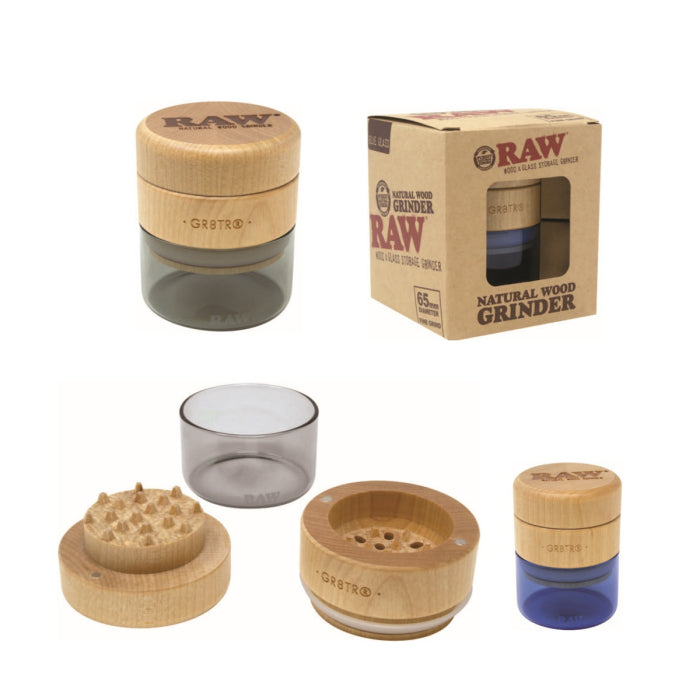 Raw 3 Part Grinder - Birch Wood Top and Blue Glass Bottom