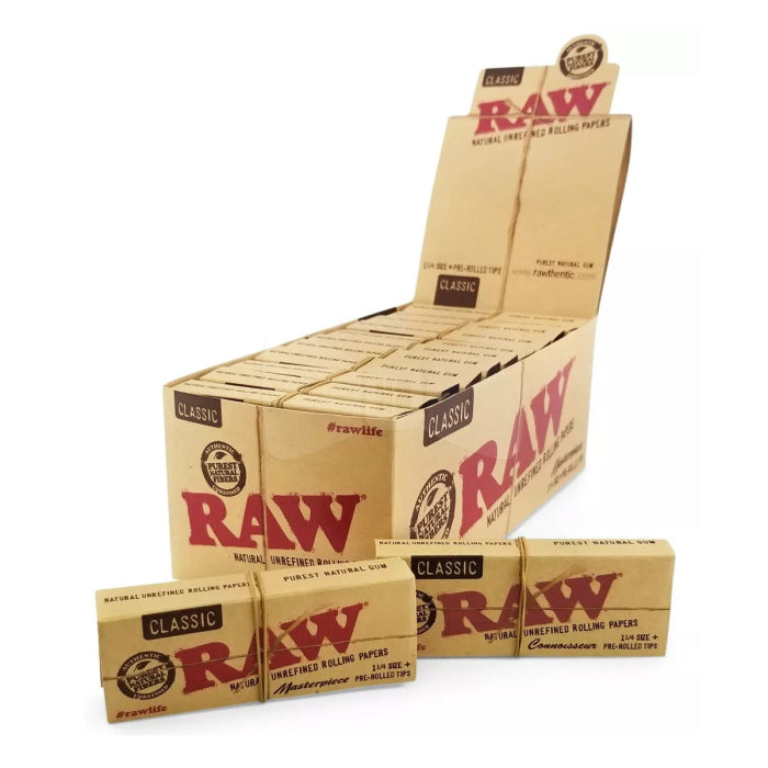 Raw Masterpiece Classic Rolling Paper With Pre-Rolled Tips - 1 1/4 Size - 24 Packs Per Box