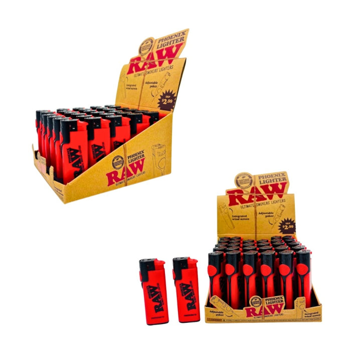 RAW PHOENIX LIGHTER 30ct/DISPLAY W/WIND BLOCKER, HAZMAT RED