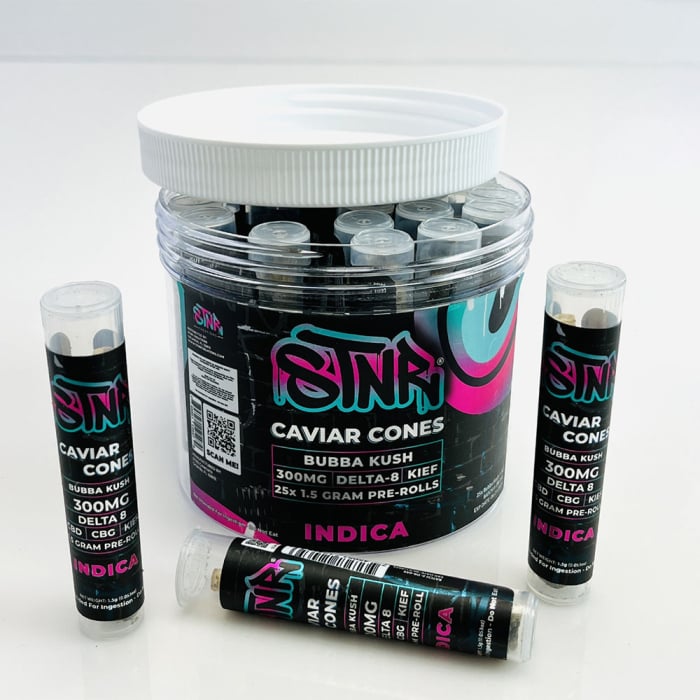 Stnr - Caviar Cones - Delta 8 - Kief Prerolls - 1.5 grams Per Roll - 25 Rolls Per Jar