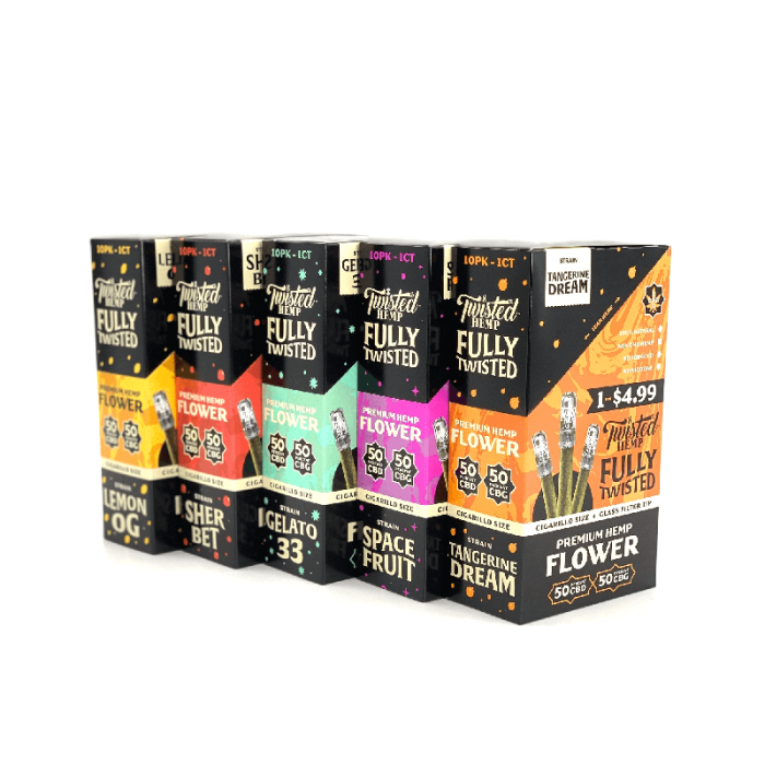 Twisted Hemp - Fully Twisted With Glass Blunt - 50°CBD / 50°CBG - 1 Wrap Per Pack - 10 Packs Per Box