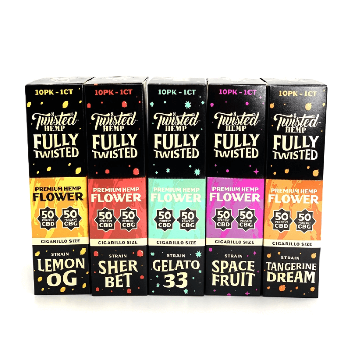 Twisted Hemp - Fully Twisted With Glass Blunt - 50°CBD / 50°CBG - 1 Wrap Per Pack - 10 Packs Per Box