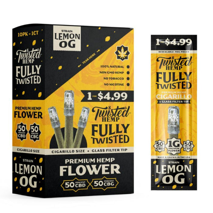 Twisted Hemp - Fully Twisted With Glass Blunt - 50°CBD / 50°CBG - 1 Wrap Per Pack - 10 Packs Per Box