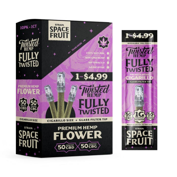 Twisted Hemp - Fully Twisted With Glass Blunt - 50°CBD / 50°CBG - 1 Wrap Per Pack - 10 Packs Per Box