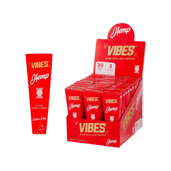Vibes Hemp King Size Pre Rolled Cones - 3 In Pack - 30 Pack In Display Box